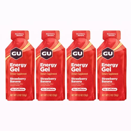 GU Energy Running Gels - 4 Gel Taster Pack - Sports Energy Gels For Running , Cycling, Triathlon (Strawberry Banana), 32.0 g