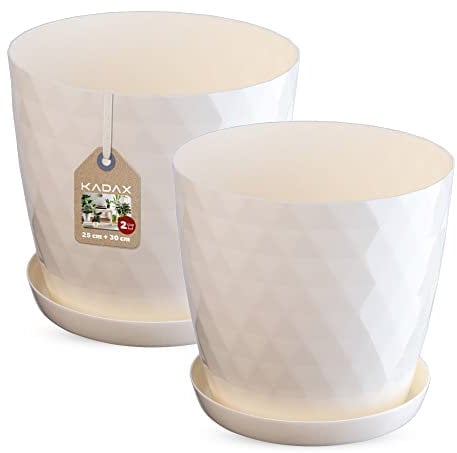 KADAX Vaso per fiori, in plastica con sottovaso, in materiale leggero, vaso decorativo per erbe aromatiche, vaso per fiori, piante, cactus e piante grasse (set di 2-25 + 30 cm, ecru)