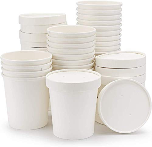 25 x 12oz , 16oz, 32oz White Soup Containers - Paper Soup Cups with Lids, Soup Bowls To Go, Ice Cream For Dessert Yogurt Ice Cream Great For Restaurants, Take Outs (16oz White Soup Container + Lid)