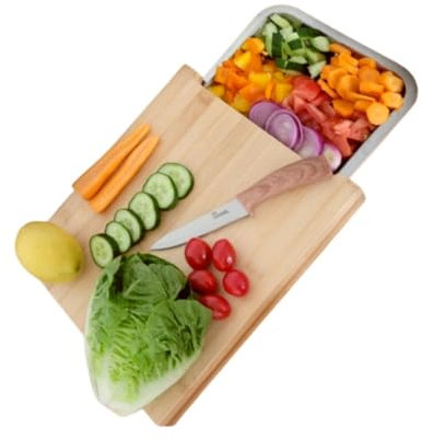 JEMSKAL Premium Schneidebrett mit Auffangschale - 33x24x4 cm - Ideales Gadget für die Küche - Küchenbrett aus Bambus mit Auffangschale aus Edelstahl.
