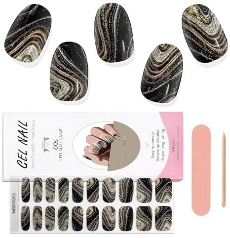 EBANKU 20PCS Gel Nail Stickers, Black Marble Gel Nail Strips Long Lasting Gel Strips for Nails UV Gel Nail Stickers with Nail File & Wooden Stick for Women Manicure