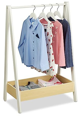 Relaxdays Kleiderständer Kinder, Standgarderobe, HxBxT 99x64,5x42,5 cm, Kleiderstange & Ablage, Kinderzimmer, weiß/natur