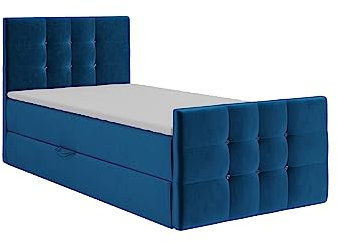 KEF Paris Mini Boxspringbett 100x200 cm - Bett mit Matratze und Topper - mit Bettkasten - Polsterbett mit Kopfstütze - Bonell-Matratze H3 - Blau Tiffany