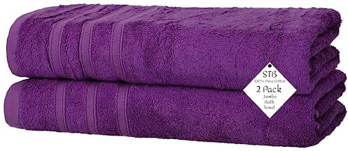 S & B Pack of 2 Jumbo Bath Towels Sheets 100% Pure Cotton Quick Dry Gym, Spa, Hotel Quality 500-GSM Large Size Bathroom Towels 75 x 150 cm (Purple)