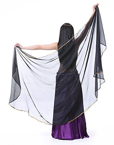 XChangeFun Halbkreis Chiffon Hand Schal Bauchtanz Kostüm Outfit Hüfte Schal Pailletten Trim Gold Schals Schleier, Schwarz, 98.43 x 47.24 inch (250cm*120cm)