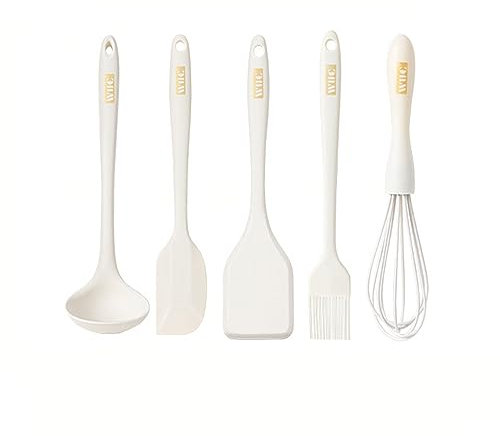 zhongguoqiaomao 5 Pcs Set Silicone Ustensiles de Cuisine sans BPA Batterie de Cuisine antiadhésive Anti-Rayures et résistante à la Chaleur (Blanc)