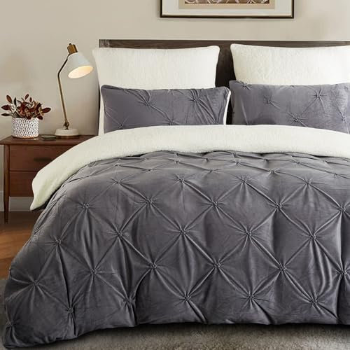Lanqinglv Luxus Pintuck Bettwäsche 135x200 4Teilig Grau Flauschig Teddy Fleece Cashmere Touch Flanell Winterbettwäsche Plüsch Sherpa 2 Bettbezug mit Reißverschluss und 2 Kissenbezug 80x80cm