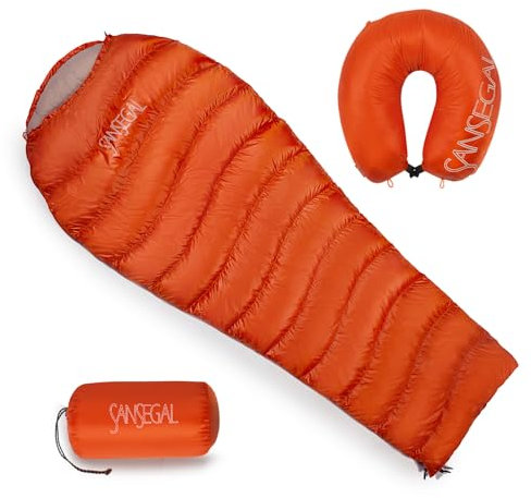 SANSEGAL Daunenschlafsack, 600 Fill Power Entendaunen Ultraleicht Mumie Rucksackreisen Schlafsäcke Anzug für Erwachsene Camping Wandern Outdoor Orange