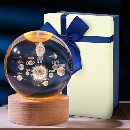 3D Kristallkugel Nachtlicht, Sonnensystem Glaskugel mit USB Powered, Solar System Crystal Ball mit LED Holzsockel für Weihnachten Thanksgiving Valentinstag Geburtstag Home Dekor(Weltraum Astronaut)