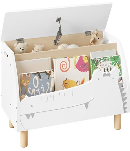 WOLTU Caja de Almacenamiento de Juguetes, Banco con Estante, Diseño de Cocodrilos, Cajonera Juguetes Estantería Libros, Baúl de Madera Almacenaje para Cuarto, Pie de Cama Infantil, 60x30x44 cm