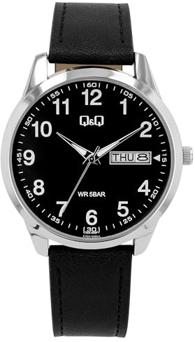 Q&Q Herren-Uhr Leder Dornschließe 5 Bar Datum Analog Quarz