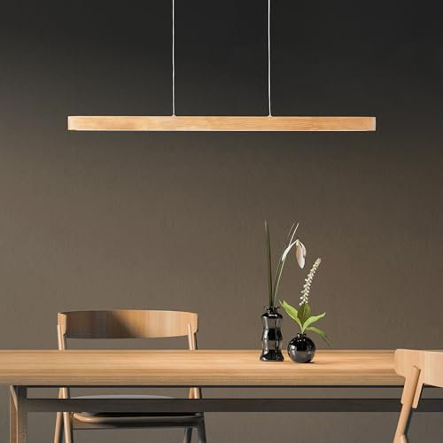 Lightbox Balken LED Hängelampe aus Kiefernholz | 110 x 80 x 5 cm | höhenverstellbare Nature Pendelleuchte mit Touchdimmer | 10 W, 1300 lm, 3000 K | aus Kieferholz/Metall in Braun/SchwarzSchwarz