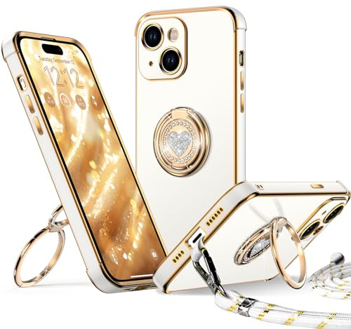 XYZ für iPhone 15 Hülle mit Band, Weiß | Herzen Doppelring Ständer HandyHülle, Frauen Mädchen Dünn Stoßfeste Case mit Handykette, Anti Kratzt SchutzHülle