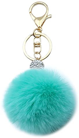 Xsclpomddy Pom Pom Schlüsselbund künstliche weiche Kaninchenhaar Taschenanhänger Ball Silber. Wasserkristall.Schlüsselanhänger für Handtasche Auto Anhänger Dekoration,lake blue