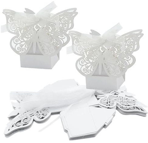 ONEBO 25 Stück Faltbare Geschenkbox weiß, Hochzeitsgutschachteln, Bonbonschachtel, kreative Geschenkschachtel, mit Band, für Hochzeit, Geburtstag, Basteln (4,4 * 4,4 * 5,5 cm)