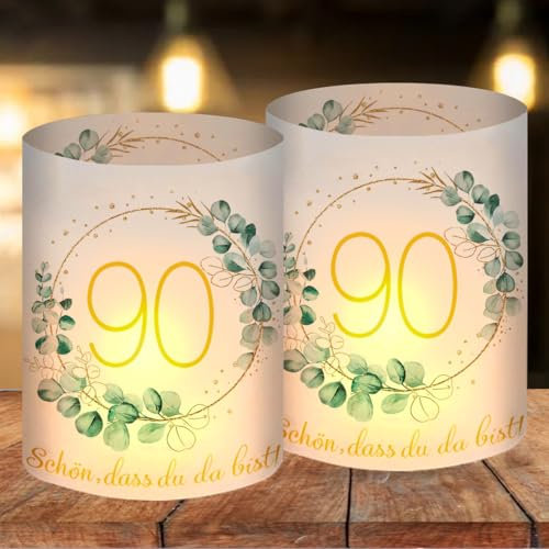 12 Windlicht Tischdeko 90 Geburtstag, Happy Birthday Tischdeko 90. Geburtstag Frauen, Deko 90 Geburtstag Frau Mann, Geeignet für Teelichter oder Kerzen mit Schön DASS Du Da Bist und Eukalyptus