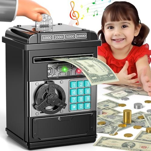 Spardose für Kinder im Alter von 3–12 Jahren, elektronischer Geldautomaten-Safe für Kinder, sichere Spar Spardose für Mädchen Jungen Kindergeburtstagsgeschenke (schwarz)