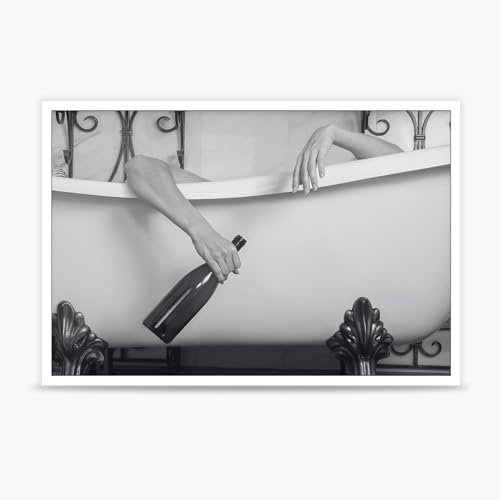 Dcvjiy Retro-Poster mit Aufschrift Woman Holds Champagne in a Bathtub Black And White Glam Badezimmer Leinwand Wandkunst Frau Champagner Bubble Bath Drucke für Zuhause, Schlafzimmer, Badezimmer,