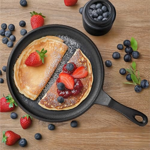 Navaris Cast Iron Griddle Pan - Durable Pancake Pan also for Pizza, Tortilla, Dosa, Tawa, Roti, etc - Bakestone for Bread & Welsh Cakes - Suitable for Induction Hob, 10 (25.4 cm)