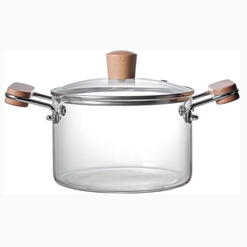 Yiustldd Glas-Simmertopf, Glastöpfe zum Kochen mit Deckel und hitzebeständigem Holz zum Kochen von Nudeln, Milch und Speisen,3L