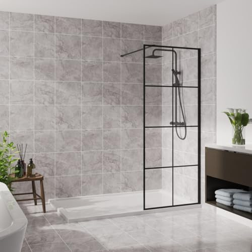 Blümme 760mm Wetroom Screen Walk in Shower Enclosure Bathroom Screen Panel 8mm Easy Clean Glass Black Grid Framed