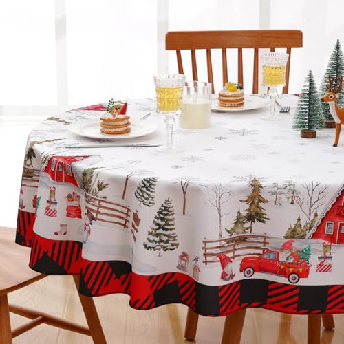 Alishomtll Weihnachten Tischdecke, Schneeflocke Cartoon Häuser Baum Oval Tischdecken, Wasserabweisend Abwaschbar Tischtuch, Winter Party Festliche Deko Tischwäsche, Weiß Rot 140x180 cm
