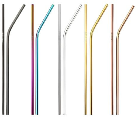 Paille Inox Reutilisable, 10 Pièces Pailles en Métal, Pailles Acier Inoxydable, Respectueuses de l'environnement, non toxiques, pour Cocktails, Lait Glacé, Thé, Milkshakes, Café Glacé, multicolore