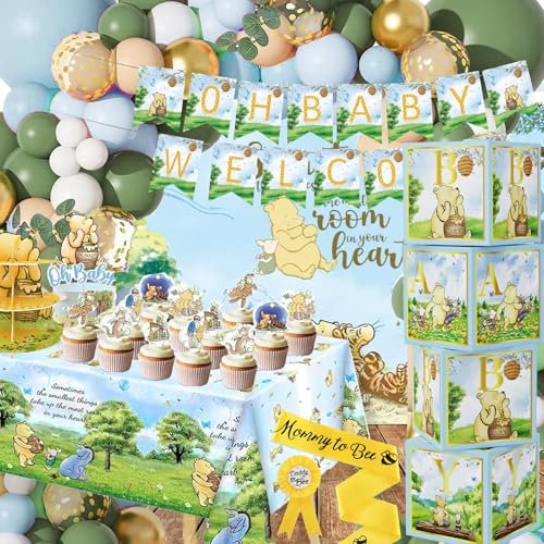 159 decorazioni blu classiche Winnie Baby Shower Kit di forniture per feste vintage Pooh, sfondo classico Pooh, decorazione per torte, tovaglia, decorazioni per ragazze e ragazzi
