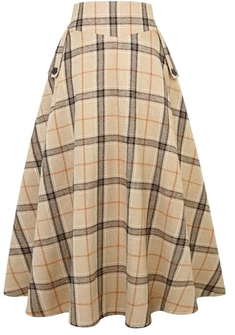 IDEALSANXUN Damenrock, kariert, für Herbst und Winter, hohe Taille, A-Linie, lang, plissiert, Maxirock mit Taschen