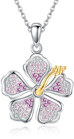 DAYLINLOVE Hibiskus Kette 925er Sterling Silber Rosa Hibiskusblüten Anhänger Halskette Hawaiianischer Tropischer Schmuck Geschenk für Damen Mädchen Frauen Mutter Hibiskus Liebhaber