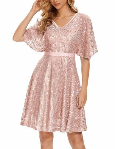 Wedtrend Robe de cocktail à paillettes pour femme - Longueur genou - Robe d'été sexy, Rose doré, XS
