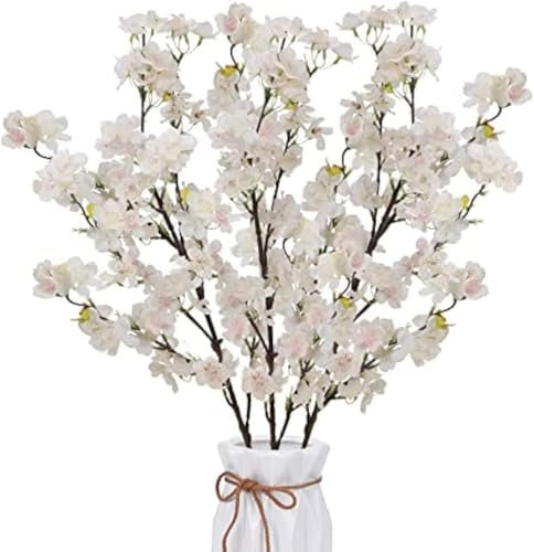 HUAESIN 3Pcs Artificial Cherry Blossom Branches 110CM White Cherry Blossom Artificial Flowers Silk Spring Peach Blossom Long Stems Fake Sakura Flowers Arrangements for Wedding Party Vase Home Decor