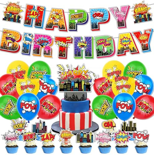 Doyomtoy Superhelden-Dezembertagesdeko, 30 Stück Banner, Luftballons, Kuchenaufsätze, Kinder- und Baby-Party-Themen