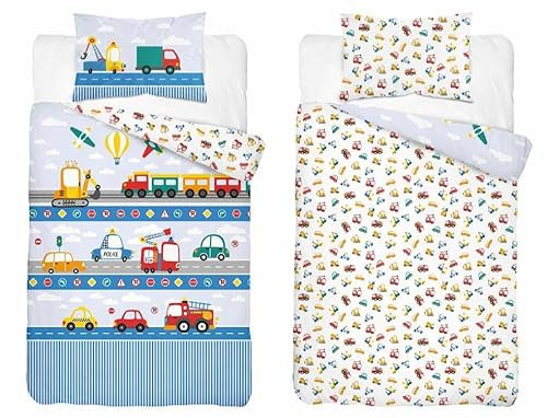 Kinderbettwäsche 100x135 cm aus 100% Baumwolle Weich und farbenfroh | Bettwäsche Kinder Perfekt für Mädchen und Jungen | Hochwertig und pflegeleicht Baby Bettwäshe mit Reißverschluss | Auto 046