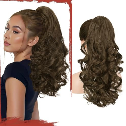 Sofeiyan Pferdeschwanz Haarteil mit Klammer, Lange Wellig Lockig Zopf Extension Claw Clip in Ponytail Extension Synthetik Haarverlängerung für Damen, 43 cm Moosbraun