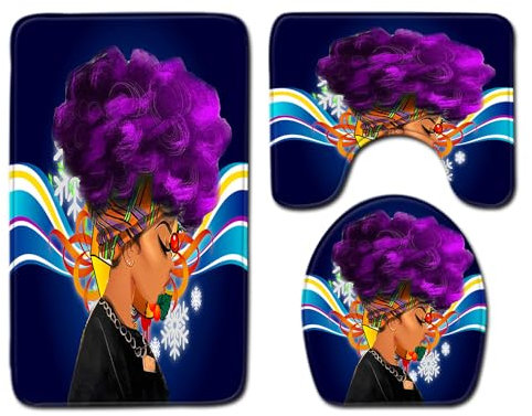 Bad Teppiche Set Lila Blau Afrika Badezimmerteppich Waschbar WC Vorleger mit Ausschnitt und WC Deckelbezug 3 Teilig Badematte rutschfest Toilettensitzbezug Badgarnitur 50x80 cm