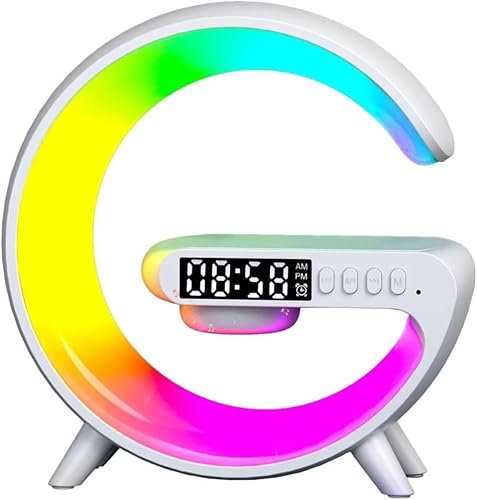 HoldOneLight G-Shaped Multifunctional Bedside Lamp - Wireless Charging Station with Bluetooth Speaker, Ambient Mood Lighting & Digital Alarm Clock for Bedroom Nightstands