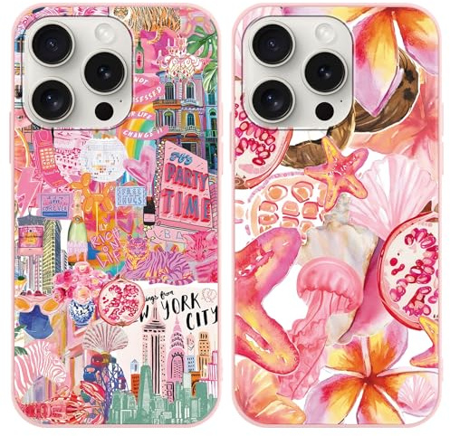 Foonary 2 Pack Pink Starfish Pomegranate Print Phone Case for iPhone 15 Pro 6.1,with Aesthetics Pattern Design Soft Silicone Cases,Shockproof Bumper Protector Cover,Girls Women for iPhone 15 Pro