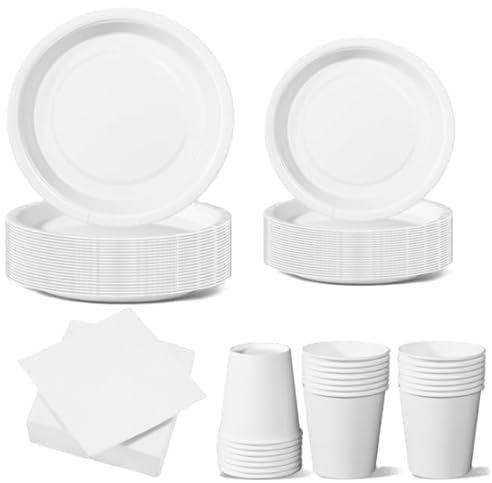 WOOPARTY Set Stoviglie Carta Monouso Bianco 112 pezzi, festa di compleanno, kit per 24 ospiti