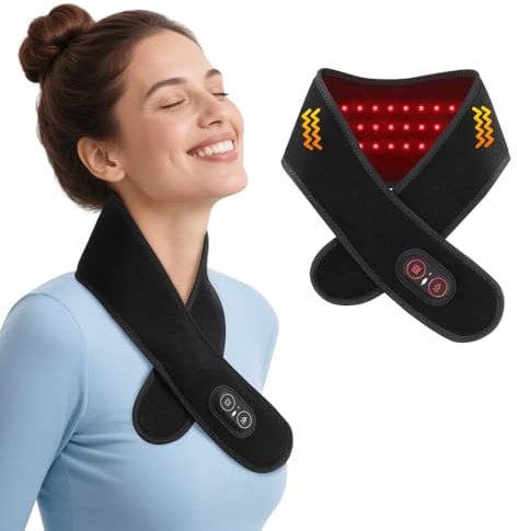 Neck Heating Pad with Vibration, Cordless Heated Scarf, Rechargeable Heated Neck Warmer Brace with 3 Heat Settings, 3 Adjustable Vibration Intensities Heating Pad with Red Light for Neck, Black