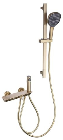 Mitigeur Baignoire Thermostatique, Robinet Baignoire avec 3 Modes Douchette Robinet de Baignoire Mural Laiton Mitigeur de Baignoire avec Tige de Levage(Brushed Gold)
