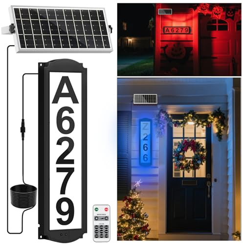 T-SUN Solar Address Signs for Yard,House Numbers for Outside,9 Color Modes | IP65 Waterproof,Horizontal & Vertical Mounted,Color Changing Solar House Address Plaque for Home Front Porch,Visitors,Mailman