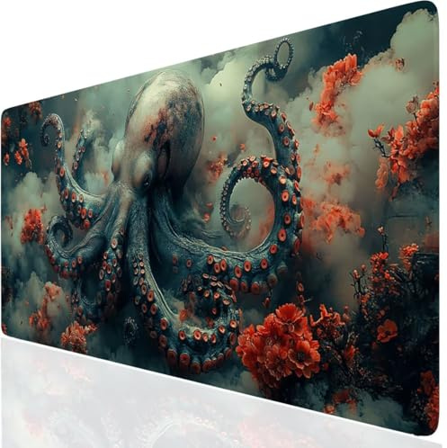 Krake Mauspad XXL, Rot Mousepad 600x300x3mm mit Genähten Kanten, Mauspad Großes Schreibtischauflage, Gaming Mousepad Wasserdicht und rutschfest, Desk Mat Vernähte Kanten für MacBook, Laptop DE-9142