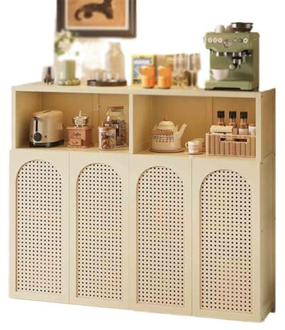 NexaGeniX Sideboard Retro-style Kitchen Sideboard Living Room Storage Floor-standing Wall-mounted Four Doors with Compartments Kitchen Storage(White)