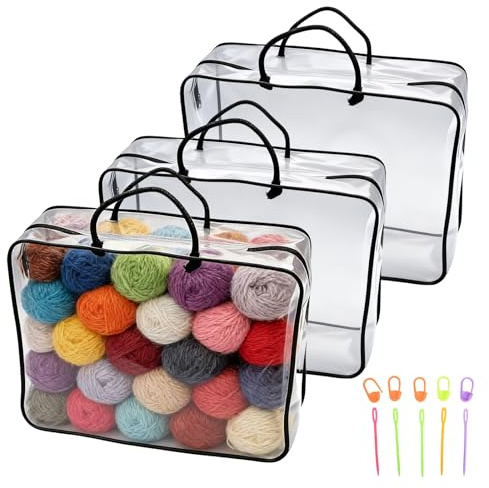 3 Stück Transparenter Garn Aufbewahrungs Organizer, Häkeltasche mit Marker-Clip Und Nähnadel, Wolle Aufbewahrung mit Reißverschluss und Tragegriff, Taschen Aufbewahrung, Stricken Zubehör, 40x30x10cm
