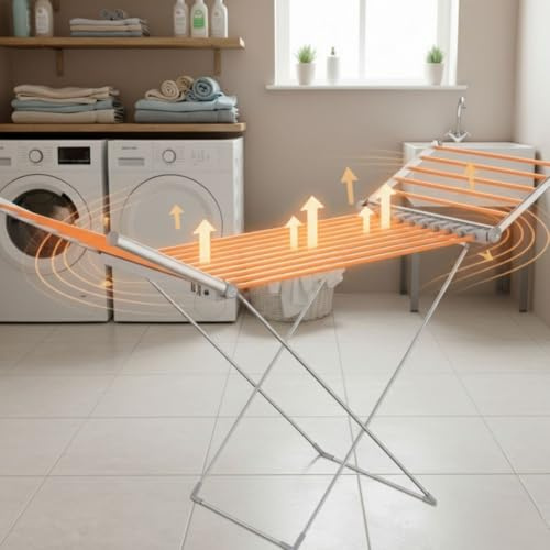 Casabella Electric Heated Clothes Airer, Energy Efficient Heated Drying Rack with 18 Heated Bars & 2 Wings, Large Capacity Indoor Laundry Dryer, 230W,
