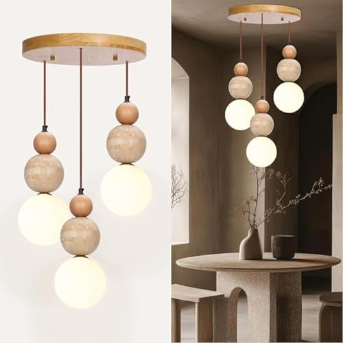 TMKOO Wabi Sabi 3-Licht Pendelleuchte Travertin Stein Einbau Japandi Japanischer Nordischer Stil Sphärische Holz Kronleuchter Für Kücheninseln Esszimmer Wohnzimmer(A)