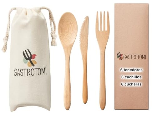 GASTROTOMI 18 Cubiertos para llevar de Bambú Natural con Bolsa de Tela – Set de cubiertos reutilizable de 12, 18 o 36 piezas para camping, picnic, oficina y viaje – cubiertos de madera sin BPA
