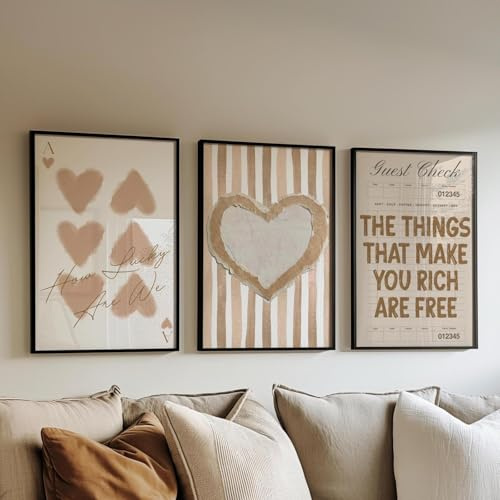 3-teiliges Premium Poster Set,Boho Deko Wandbilder,Braun Retro Warmth Heart Bilder Schlafzimmer Aesthetic Zimmer, Englische Lotterielose Leinwand Wandcollagen Wohnzimmer Deko,Ohne Rahmen (40x50cm)