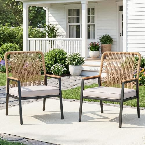 LIFERUN Gartenstuhl Rattan 2er Set, Terrassenstühle, Balkonstühle Metall | mit 8 cm Sitzkissen, Max 160 kg, WPC Armrest, witterungsbeständig, PE Rattan, für Terrasse Garten Balkon, Beige, 2PCS
